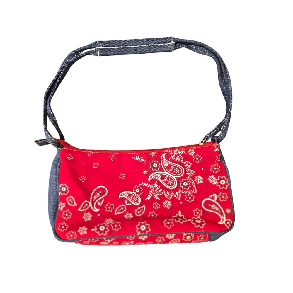 Red Paisley Bandana Print Denim Trim Baguette Shoulder Bag Y2K S#1945 - Picture 1 of 6